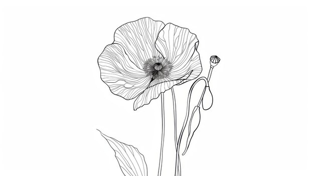 The line art for this poppy flower is a minimalist contour drawing It shows a single line of artwork