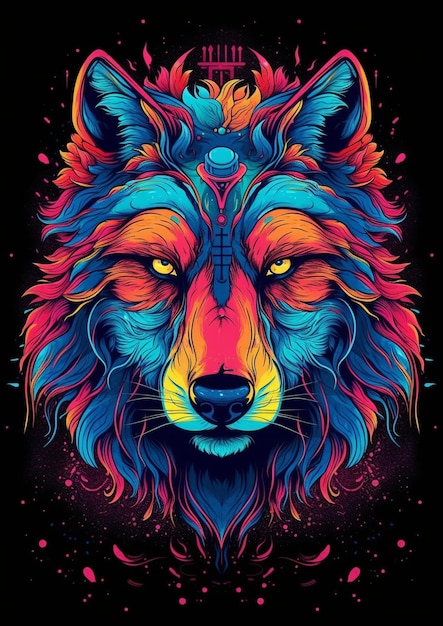 Line Art wolf met abstracte kleur achtergrond
