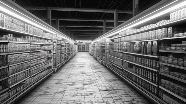 Photo line artmany supermarket shelves ai generative