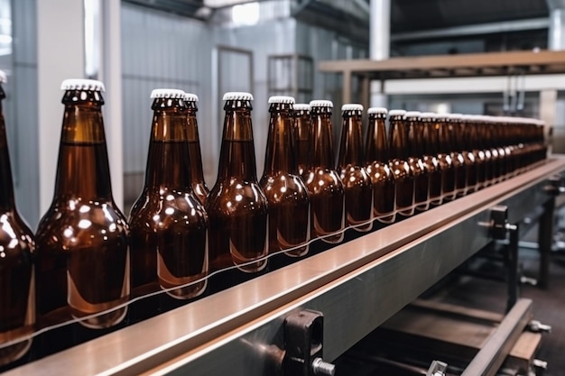 A line of beer bottles on a conveyor belt