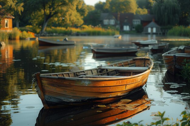 Line of Boats Floating on Lake