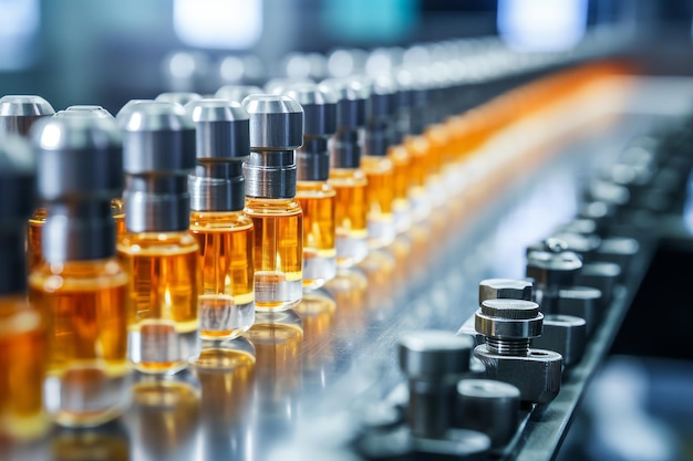 A line of bottles of liquid are lined up on a conveyor belt.