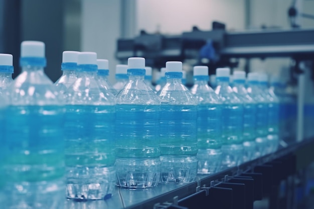 A line of bottles of water are lined up on a conveyor belt.