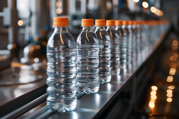 Photo line of bottling beverages in mineral water plastic bottles on factory