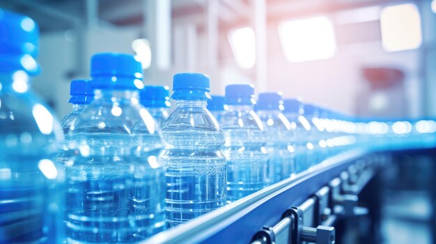 Line of bottling beverages in plastic bottles on clean light factory