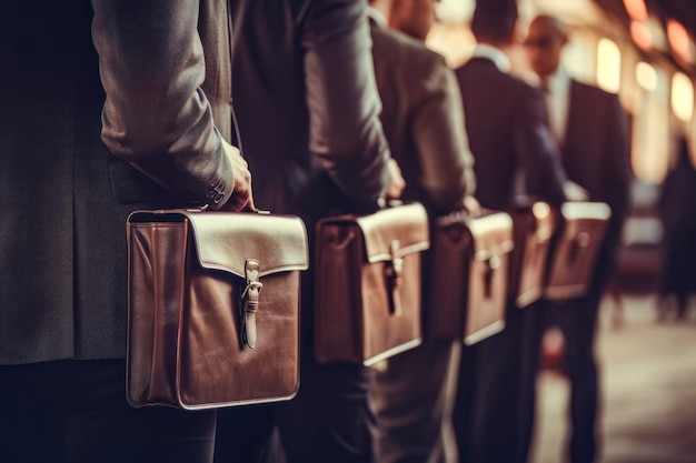 Foto linea di uomini d'affari con valigette che simboleggiano la conformità sociale