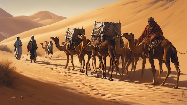 A line of camels is shown on a desert roadgenerative ai