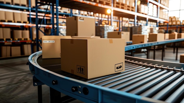 A line of cardboard boxes moves along a conveyor belt in a warehouse setting