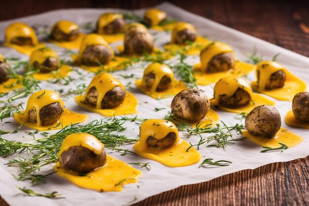 Line of cheesefilled mushrooms on a parchment paper