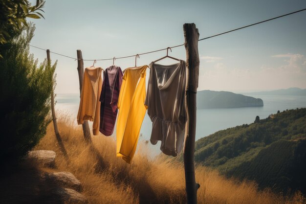 A line of clothes fluttering in the breeze against a scenic landscape created with generative ai