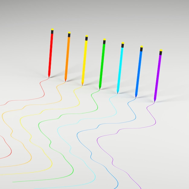 Line of colored pencils Concept of creativity and diversity 3d rendering