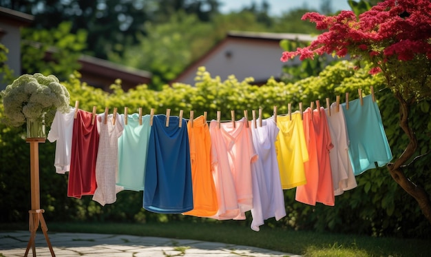 A line of colorful shirts hanging on a clothes line