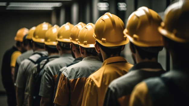 A line of construction workers in yellow hard hats stand in a line.