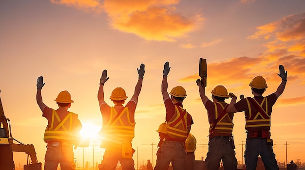 A line of construction workers in yellow vests and hard hats raise their hands in unison silhouetted