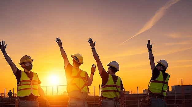 A line of construction workers in yellow vests and hard hats raise their hands in unison silhouetted