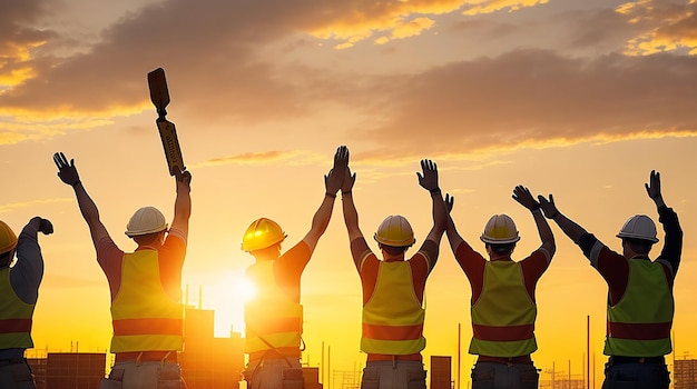 A line of construction workers in yellow vests and hard hats raise their hands in unison silhouetted