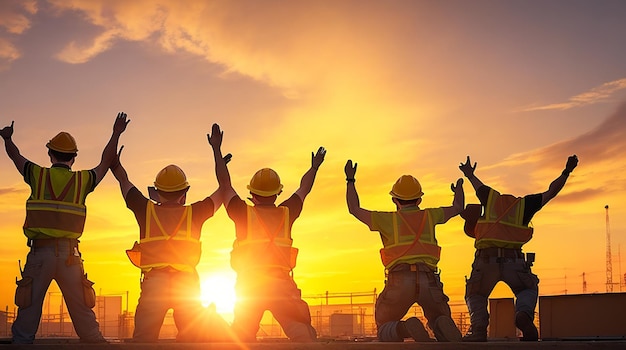 A line of construction workers in yellow vests and hard hats raise their hands in unison silhouetted