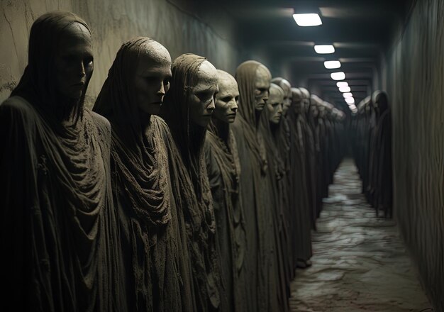 a line of creepy heads of a group of creepy men