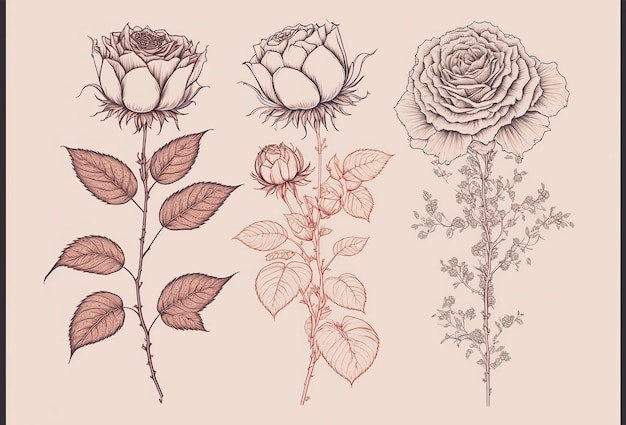 Line drawing of a beautiful rose flower Generative ai