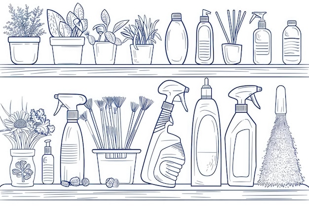 Line drawing of cleaning products on a shelf suitable for household and cleaningrelated designs