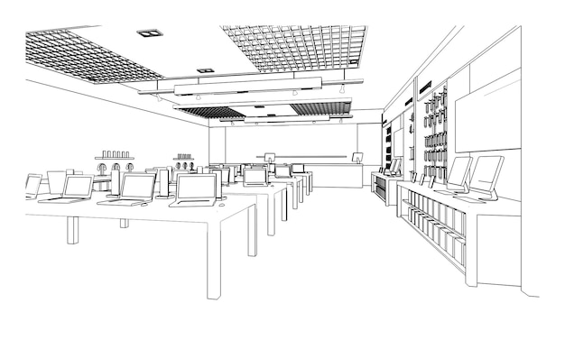 Line drawing of computer and gadget shopModern design3d rendering