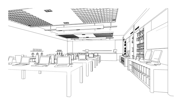 コンピューターとガジェットショップの線画モダンなdesign3dレンダリング