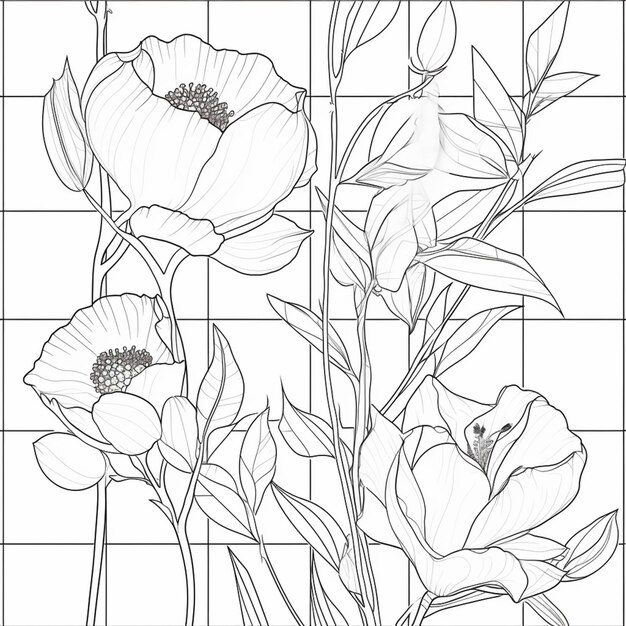 Photo a line drawing of flowers on a tile background