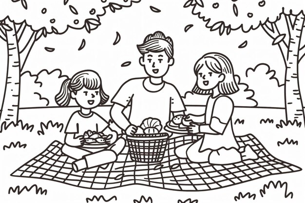 Photo line drawing illustration showing a happy family having a picnic in the park with trees food basket and a blanket