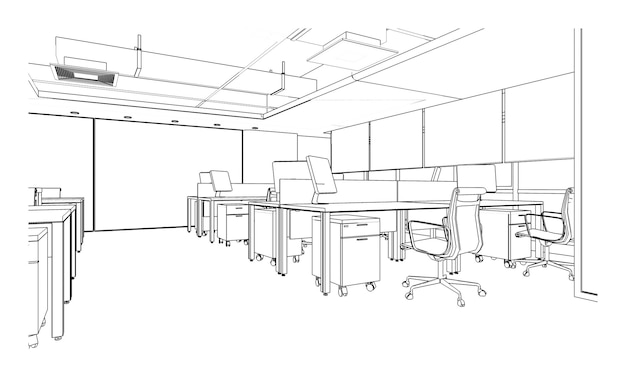 Line drawing of officeModern design3d rendering