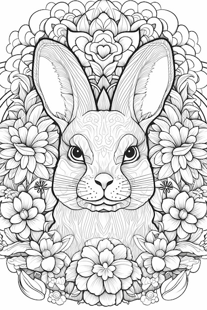 Line drawing of a rabbit mandalas outline only for coloring book