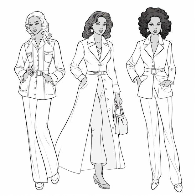 Photo a line drawing of three women in formal clothes generative ai