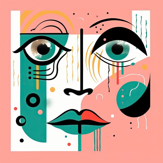 a line drawing with an eye on one side and green the other in the style of light pink and teal