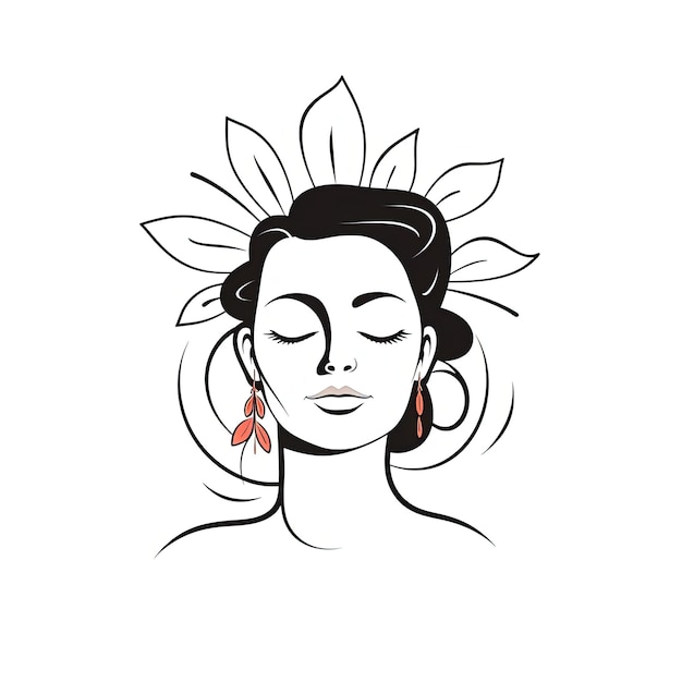 Photo line drawing of a woman character with a flower on her forehead in the style of minimalistic