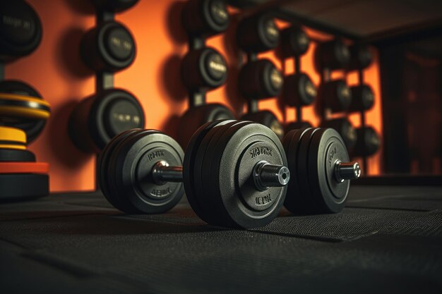 A line of dumbbells neatly arranged on a rack in a gym ready to be used for effective strength training workouts Closeup of dumbbells and fitness equipment AI Generated