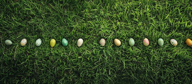 Line of easter eggs in lush green turf