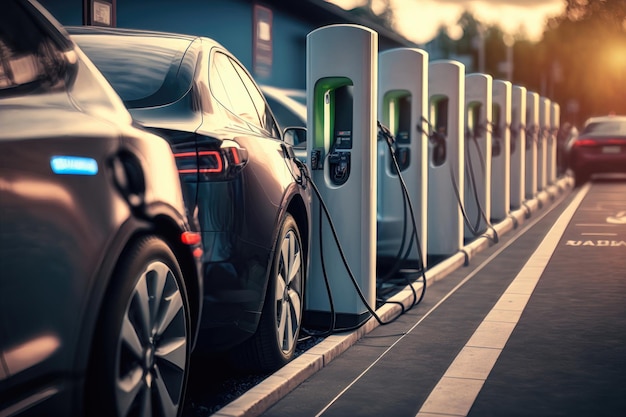 A line of electric cars charging at a public charging station AI generation