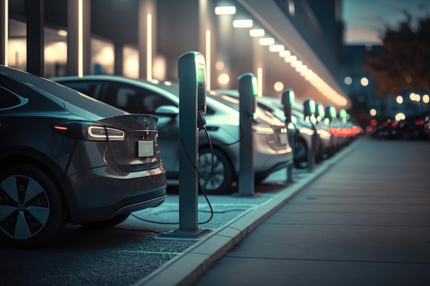 A line of electric cars charging at a public charging station AI generation