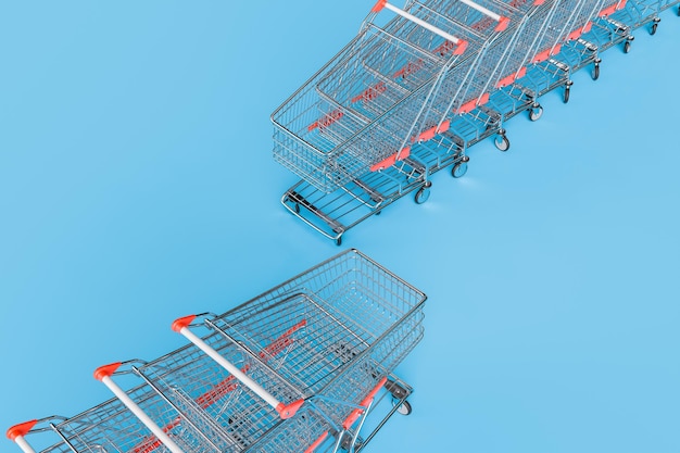 Line of Empty Shopping Carts in Isometric View on Blue Background