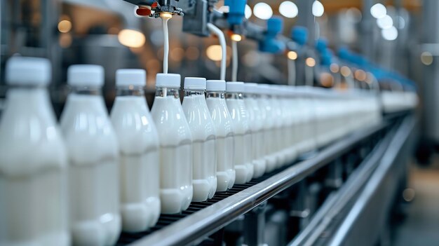 A line of filling bottles with yogurt or milk in an automated dairy farming process Generative AI