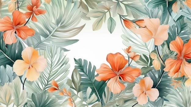 Line floral and tropical leaf with watercolor flower Generative AI