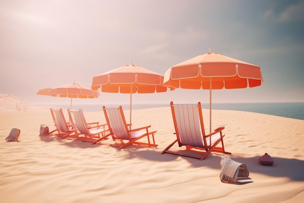 a line of folding chairs arranged in a row on top of the sandy beach