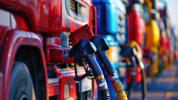 Foto una fila di camion di carburante in attesa di rifornimento in una stazione di biocarburanti che mostra la diffusa