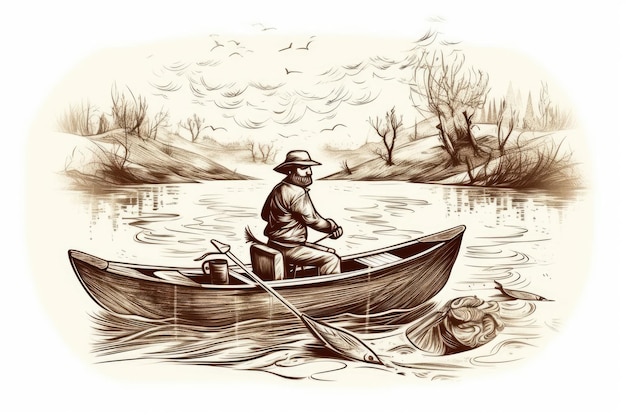 Line graphics ink a man in a boat on the river fishin Generative AI