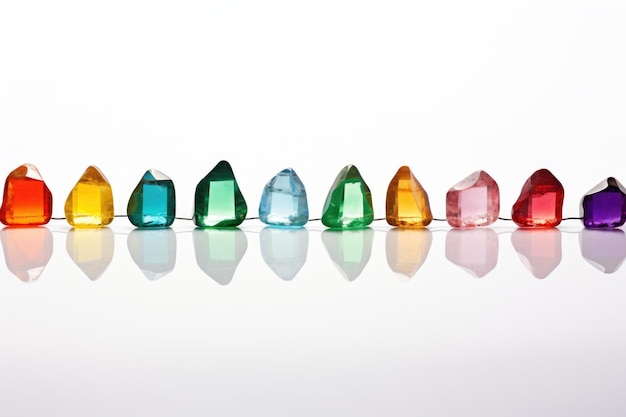 Photo a line of healing crystals on a white background