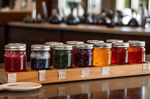 Line of homemade jams and jellies in glass jars on wooden rack created with generative ai