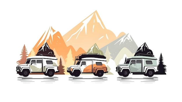 Photo a line of jeeps with mountains in the background