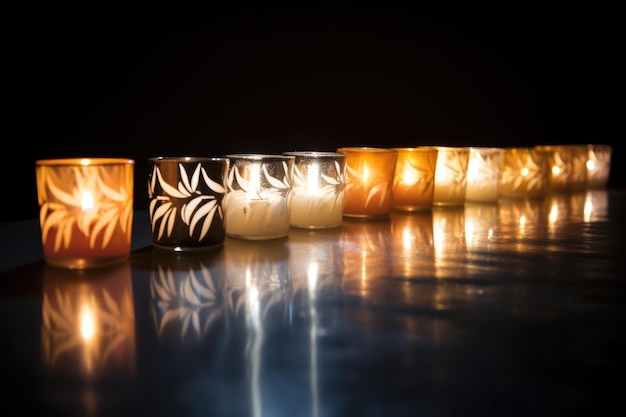 Foto una linea di candele kinara accese che proiettano ombre