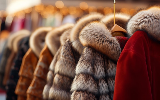 A line of luxurious fur coats hanging gracefully on a stylish rack