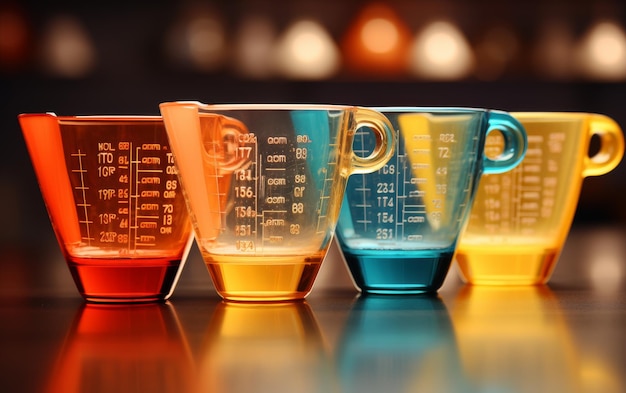 A line of measuring cups rests on a tabletop