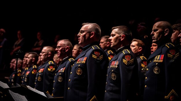 A line of men in blue military uniforms stand in a row.